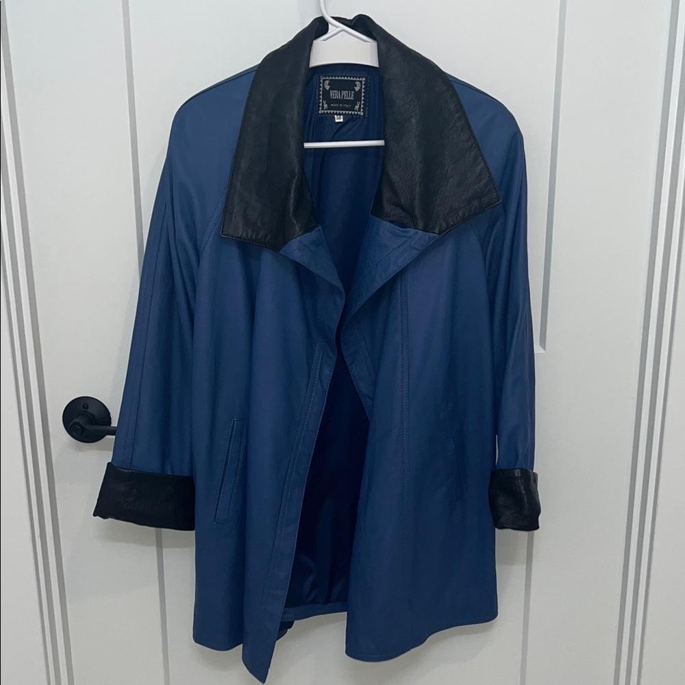 Vera Pelle Italian Leather Blue Trench Coat Size 38